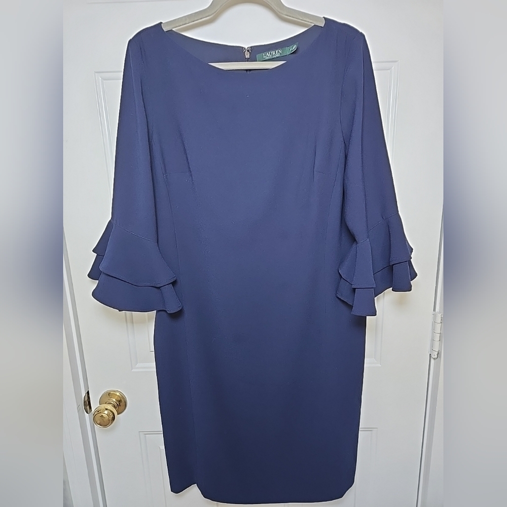 Ralph Lauren Navy Blue Knee Length Dress 3/4 Sleeves Ruffle Detail Size 14
